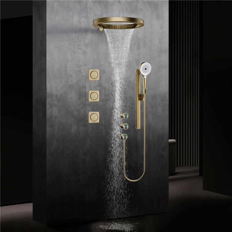 Shower Head Rain - ชุดฝักบัวอาบน้ำติดผนังแบบสามก้าน ยี่ห้อ Beyoon สีทองเหลืองขัดเงา พร้อมก๊อกน้ำร้อน/เย็น และฝักบัวแบบเรนชาวเวอร์ขนาด