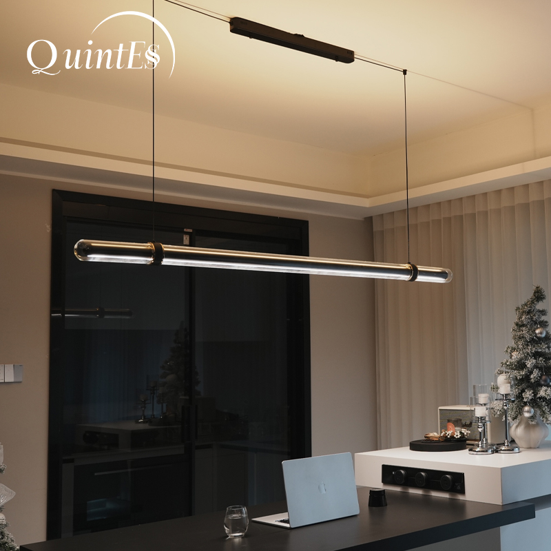 Home Bathroom Lighting Design - โคมไฟห้อยเพดานห้องอาหารทรงยาวสีดำสุดหรู LED โมเดิร์น มินิมอล ดีไซน์เนอร์ หนังและแก้ว