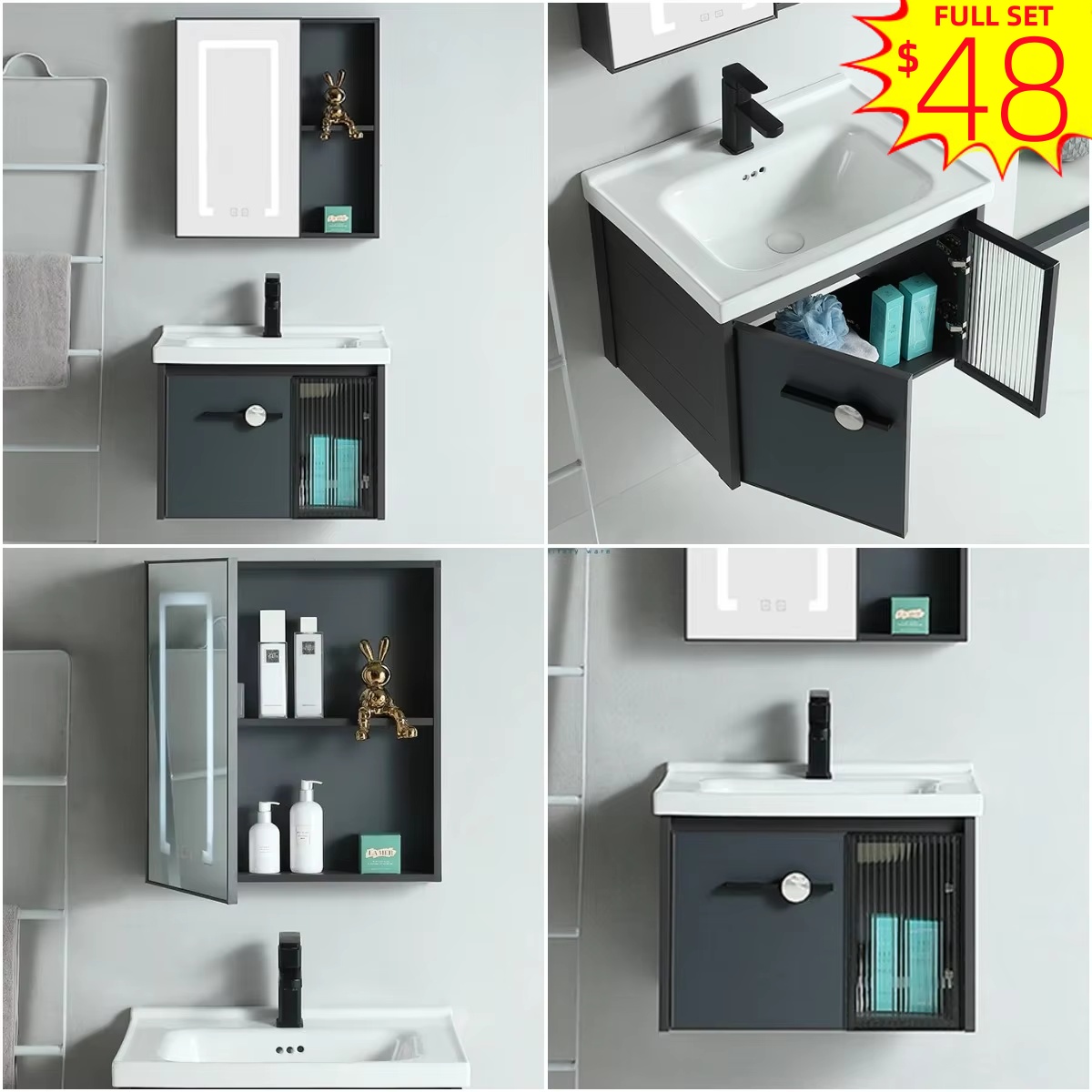 Home Living Bathroom Vanity - ตู้ห้องน้ำ ดีไซน์จากโรงงานเฉาโจว ท็อปเคาน์เตอร์หินชนิดพิเศษ ตู้ห้องน้ำติดผนังอะลูมิเนียมทันสมัยพร้อมอ่างล้างหน้า