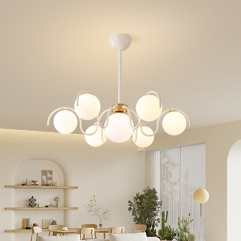 Home Bathroom Lighting Design - โคมไฟระย้า LED ทรงกลม ดีไซน์ครีมสไตล์ โคมไฟแขวนเพดานแก้วตกแต่งบ้าน โคมไฟห้อยเพดานห้องนั่งเล่นทันสมัย
