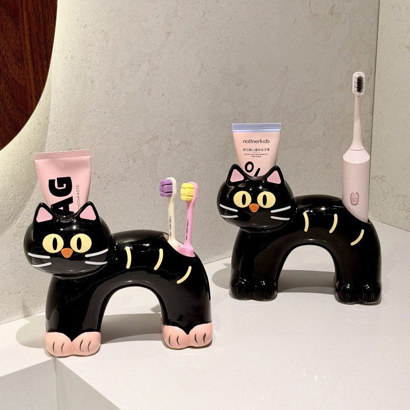 Home Edit Bathroom - ที่วางแปรงสีฟันและยาสีฟันแบบตั้งโต๊ะ ดีไซน์น่ารัก รูปแมวดำ สำหรับห้องน้ำ คุณภาพดี จัดเก็บของได้เยอะ