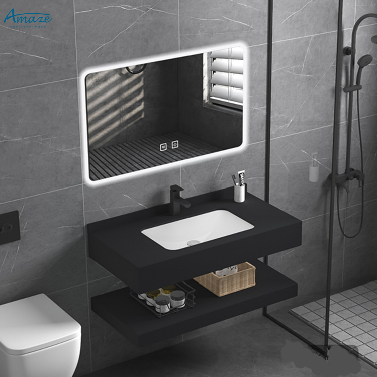 Home Living Bathroom Vanity - ตู้ห้องน้ำแบบแขวนผนังสองชั้น ทนทาน พร้อมอ่างล้างมือบนเคาน์เตอร์ หินเผาคาลาเคาตต้า W