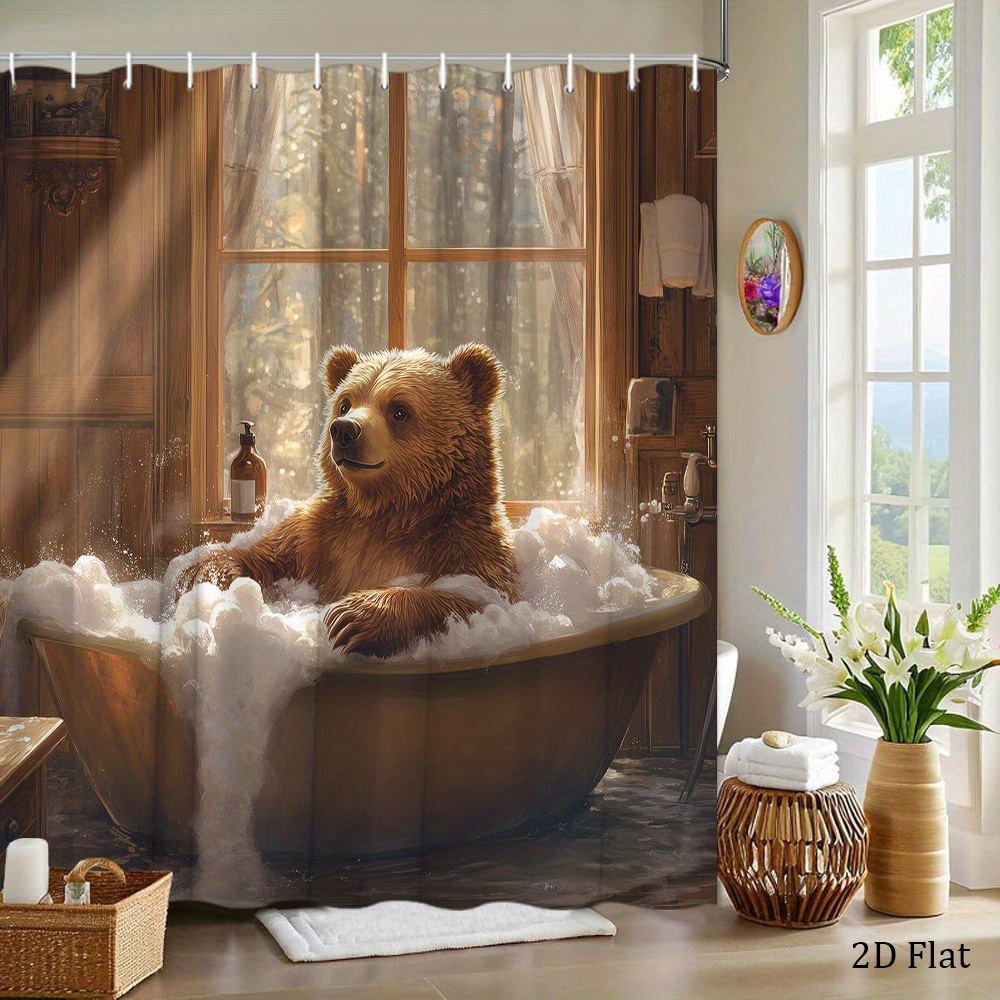 Home Bathroom Tub - ม่านอาบน้ำลายหมีสีน้ำตาลแสนสนุกที่กำลังอาบน้ำในอ่าง ตกแต่งห้องน้ำ ผ้าม่านบ้านธีมธรรมชาติ