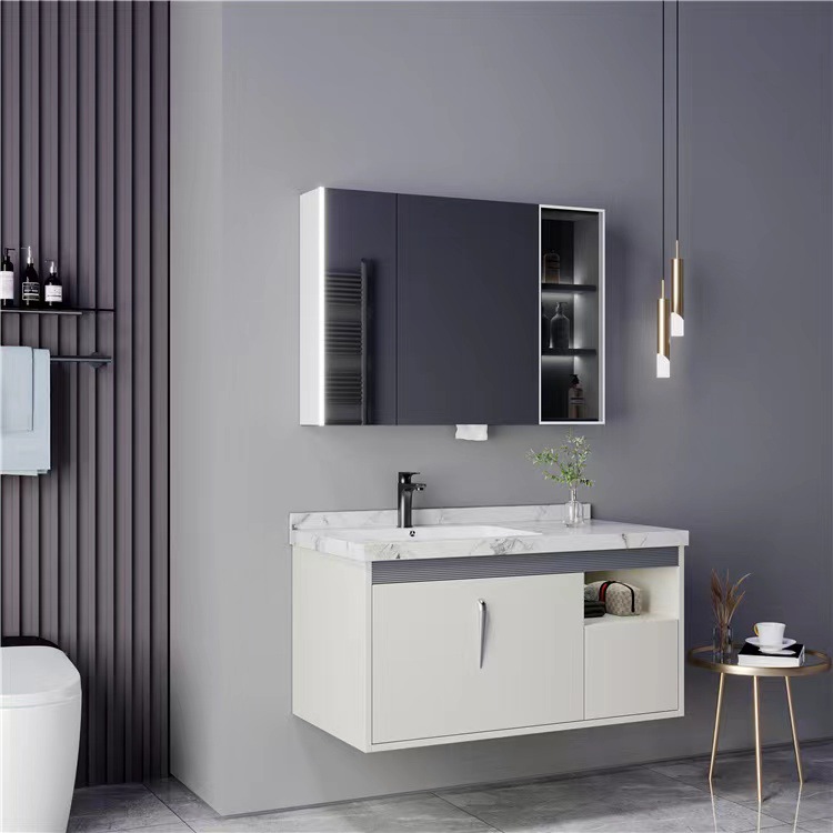 Home Living Bathroom Vanity - ตู้ห้องน้ำแบบลอยตัวติดผนังพร้อมเคาน์เตอร์หินเทียม อ่างล้างหน้าเดี่ยว พร้อมตู้กระจกอัจฉริยะ