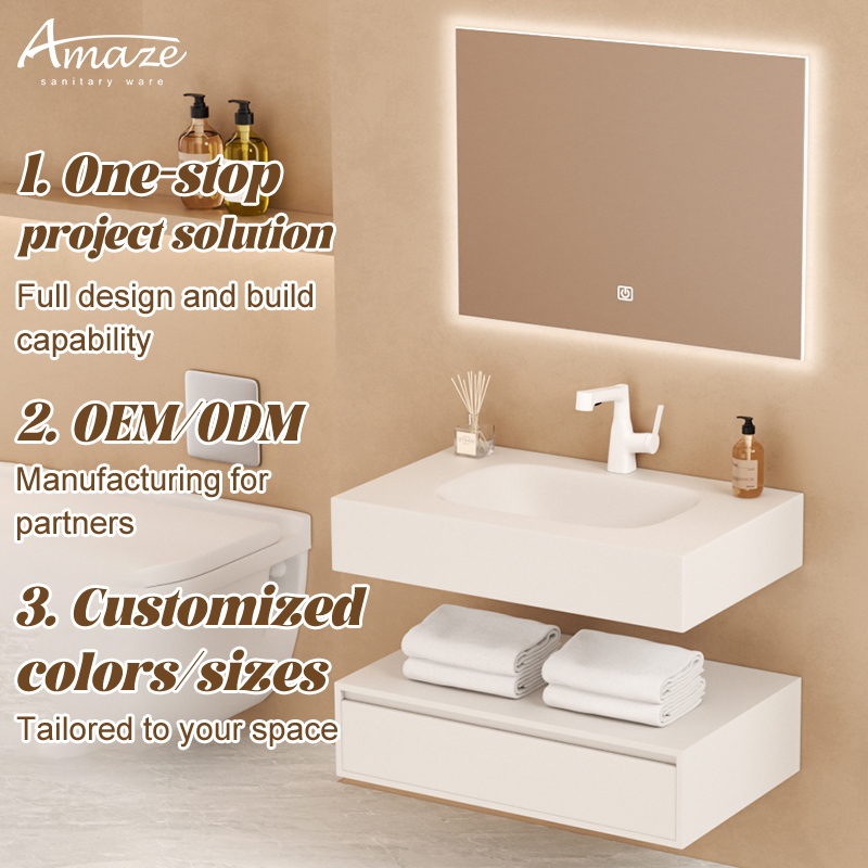 Home Living Bathroom Vanity - ตู้ห้องน้ำสไตล์หรูหรา ปรับแต่งได้ พร้อมอ่างล้างหน้าเดี่ยว ตู้ห้องน้ำติดผนังหินเผาลายหินอ่อน