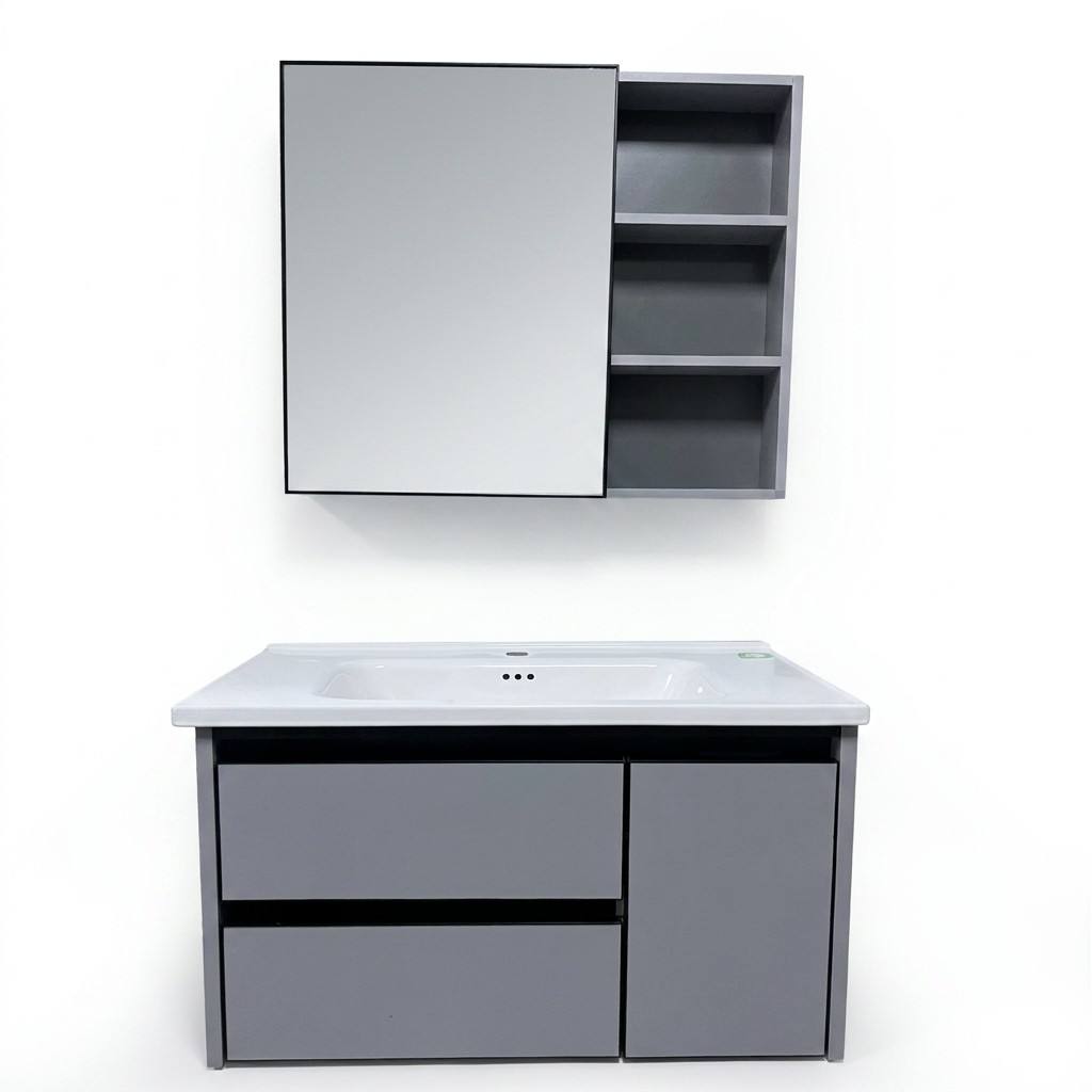 Home Living Bathroom Vanity - ตู้ห้องน้ำแบบติดผนังทันสมัยเป็นมิตรกับสิ่งแวดล้อม พร้อมกระจกและอ่างเซรามิก กันน้ำ เหมาะสำหรับวิลล่า